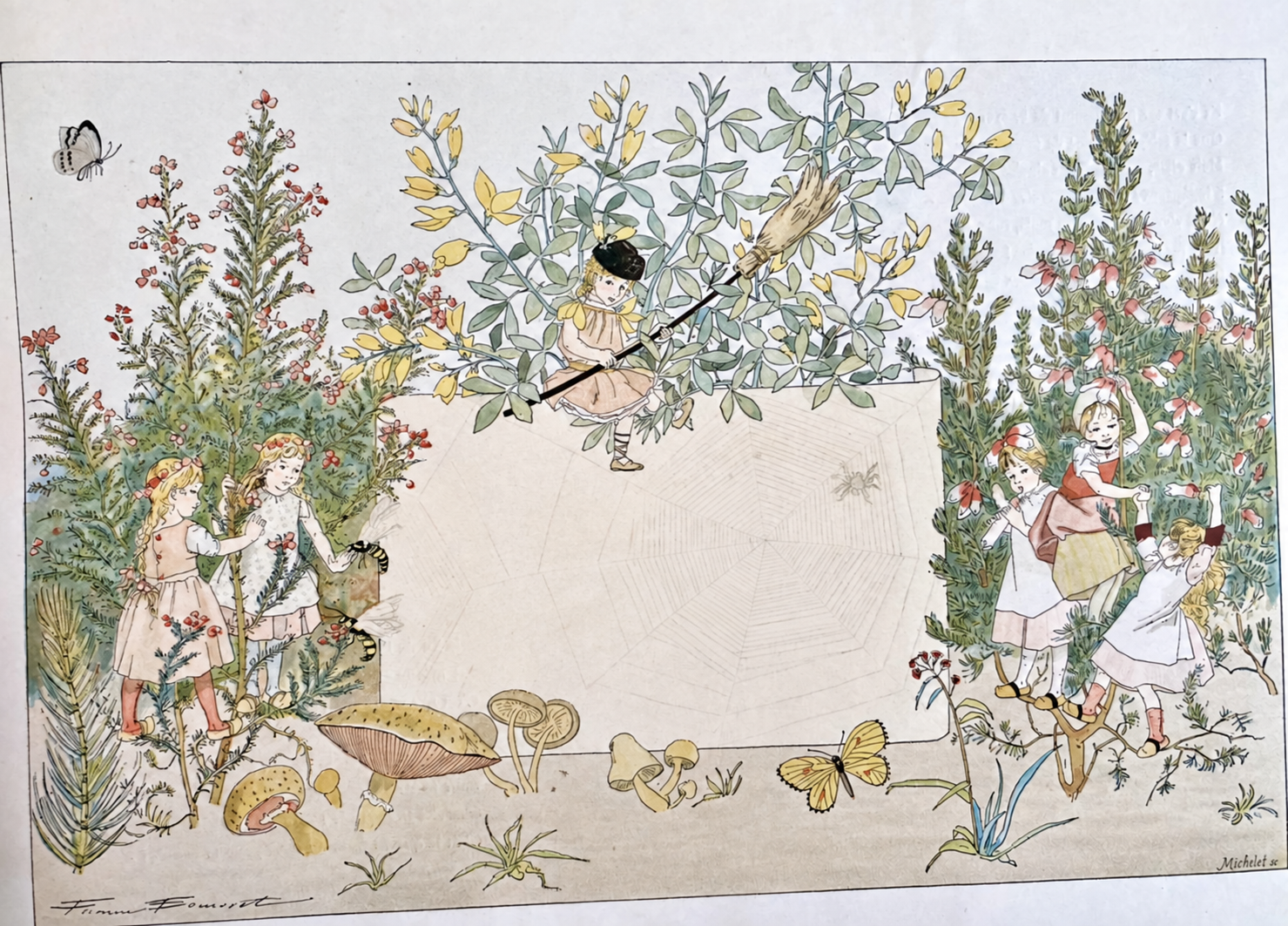 法式田园旧书插画：花木、蝴蝶与人物环绕中央蛛网纸页